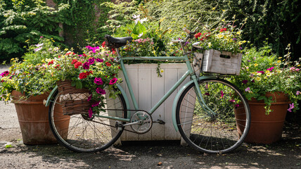 Fototapeta na wymiar A vintage bike with flowers and hanging baskets attached. 