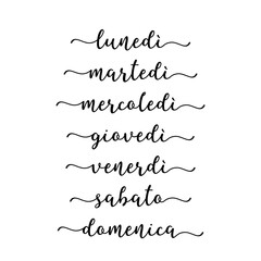 Giorni della settimana scritti a mano. Lunedì martedì mercoledì giovedì venerdì sabato domenica. Scritte per calendario, organizzatore, pianificatore