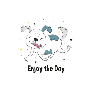 Vector illustration of a hand drawn funny fashionable dog. Enjoy the Day card. Vector print