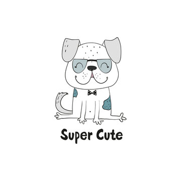 Vector illustration of a hand drawn funny fashionable dog. Super Cute card. Vector print