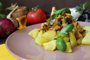 Dish with fried mushrooms and potatoes seasoned with sauce