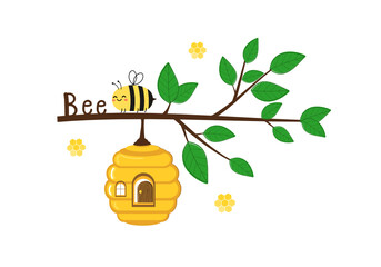 Tree branch with green leaf and cartoon bee vector.