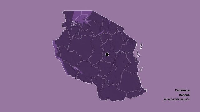Arusha, region of Tanzania, with its capital, localized, outlined and zoomed with informative overlays on a administrative map in the Stereographic projection. Animation 3D