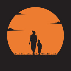 Fototapeta na wymiar Mother walked in hand with her son in the sunset