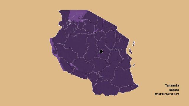 Arusha, region of Tanzania, with its capital, localized, outlined and zoomed with informative overlays on a solid patterned map in the Stereographic projection. Animation 3D