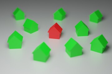 White Roofed houses  with red roofed house in circle for real estate property industry. 3D rendering. 3D illustration