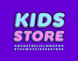 Vector trendy lodo Kids Store. Blue and Violet modern Font. Bright Youth Alphabet Letters and Numbers