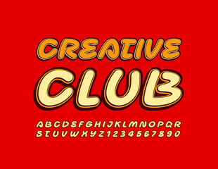 Vector retro style sign Creative Club. Handwritten trendy Font. Vintage Alphabet Letters and Numbers