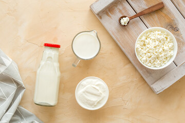 Cottage cheese, milk, cream. Healthy food for breakfast top view