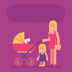 Woman stands with stroller with two children and smiling. Flat people