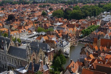 Fototapeta na wymiar View over old buildings in central Bruges, West Flanders, Belgium.