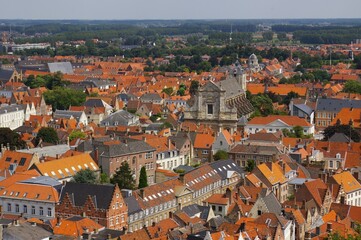 Fototapeta na wymiar An aerial view over old buildings in central Bruges, West Flanders, Belgium.