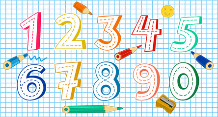simulator for writing numbers from 1 to 9. Image on a notebook sheet in a cage, there are colored pencils and a sharpener