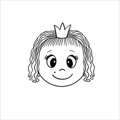 Portrait of a princess with long hair. Outline freehand drawing of cartoon little girl character. Smiling baby face line icon. Baby face with crown outline vector illustration isolated on white.