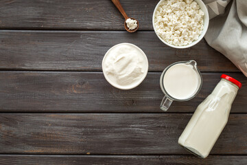 Dairy products - cottage cheese, milk, cream - top view copy space