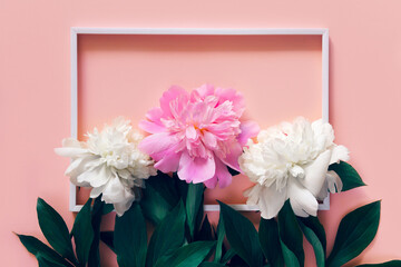 Creative layout made of white and pink peony flowers on pastel pink background with white frame.