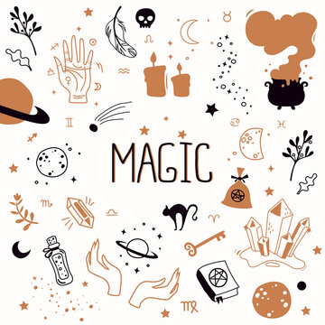 Magic set of witch attributes. Tarot cards, potions and poisons, planets, astrology symbols, witch's cauldron. Vector mystical collection. Hand drawn stickers. Halloween
