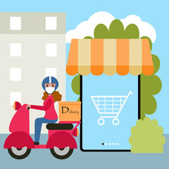 Flat style vector of girl wearing a mask on riding scooter to deliver food or goods to customers according to online orders. Illustrstion for shopping application, online delivery service concept.