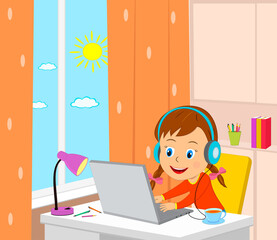 Little cartoon girl sit at the table with computer,illustration,vector