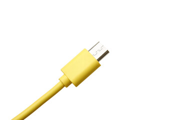 yellow USB cable on white background. USB and USB-mini cable connectors close-up. A patch cable or patch cord or patch lead.