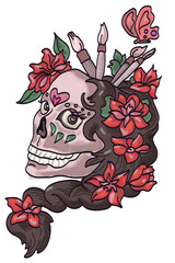 art doodles woman smiling skull with dark long hair and red flowers as a vase with art brushes
