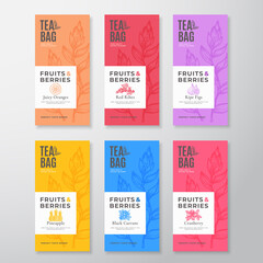 Fruit and Berries Tea Labels Set. Abstract Vector Packaging Design Layouts Bundle. Modern Typography, Hand Drawn Tea Leaves, Currant and Citrus Silhouettes Background. Beverage Emblems