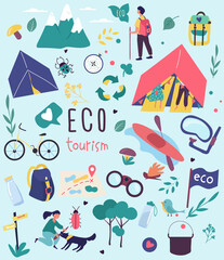 Obraz premium Ecotourism poster design for nature destinations with colorful icons depicting camping, hiking, kayaking, cycling and the mountains, colored vector illustration