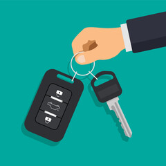 Hand holding car key and of the alarm system. Car rental or sale concept. Vector illustration in a flat trendy style.