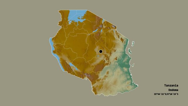 Kilimanjaro, region of Tanzania, with its capital, localized, outlined and zoomed with informative overlays on a relief map in the Stereographic projection. Animation 3D