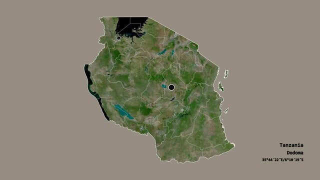 Kilimanjaro, region of Tanzania, with its capital, localized, outlined and zoomed with informative overlays on a satellite map in the Stereographic projection. Animation 3D