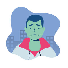 sick man with fatigue in front of city buildings vector design