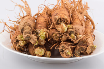 Fresh ginseng roots isolated on white background.