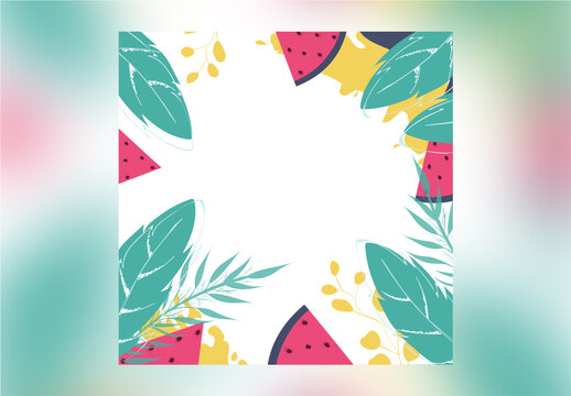 Summer Banner Layout with Text Green Leaves and Watermelon Slices