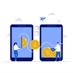 Money transfer vector illustration concept with characters. Modern flat style for landing page, mobile app, poster, flyer, template, web banner, infographics, hero images.