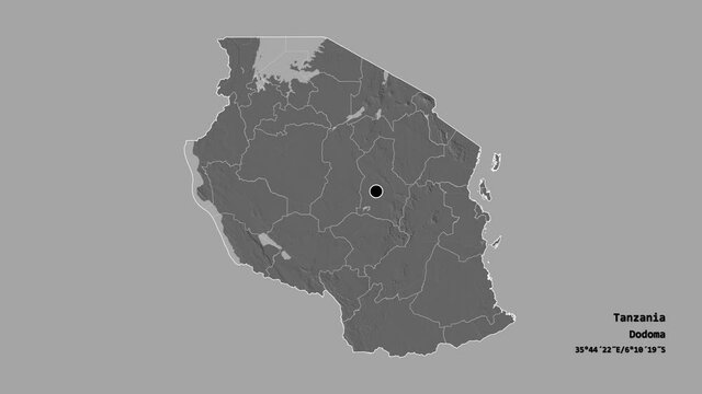 Mbeya, region of Tanzania, with its capital, localized, outlined and zoomed with informative overlays on a bilevel map in the Stereographic projection. Animation 3D