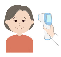 おでこで検温される高齢の女性　イラスト