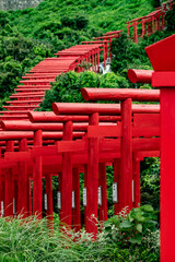 並んだ赤い鳥居と海と緑の風景が美しい