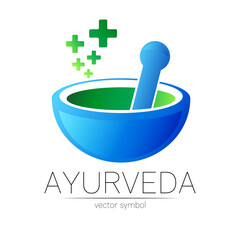 Ayurvedic Creative vector logotype or symbol. Mortar and pestle concept for business, medicine, therapy, pharmacy, ayurveda. Herbal Logo Design for label. Simple bowl and few cross.