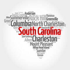 Fototapeta na wymiar List of cities in South Carolina USA state, map silhouette word cloud, map concept background