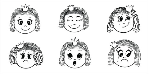 Set of funny cartoon girl faces. Vector collection of doodle emoticons. Hand drawn cartoon icons. Cute linear design element. Black and white illustration for stickers, print, web, wallpaper, cards. © Rona Kurt