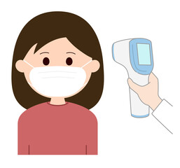 Woman wearing a medical mask is checked her temperature using infrared forehead thermometer gun for corona virus. Vector illustration isolated on white background.