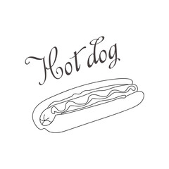 Fast food. Hot dog, sausage in a fresh bun with sauce and mustard. Hand sketch of street food. illustration for menu and package design.
