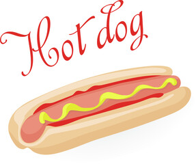 Fast food. Hot dog, sausage in a fresh bun with sauce and mustard. Vector illustration of street food for menu design and packaging.