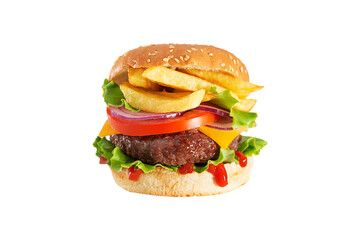 Fresh juicy beef hamburger with dripping ketchup and french fries on white background