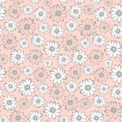 Decorative hand drawn seamless pattern vector of silhouette and outline flowers on a pink background. Abstract cute floral doodle illustration for greeting card, invitation, wallpaper, wrapping paper
