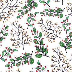Hand drawn decorative seamless pattern of different branches, leaves, berries. Floral set elements. Colorful berry doodle sketch illustration for greeting card, invitation, wallpaper, wrapping paper