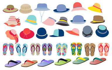 set with cute and colorful summer accessories hats, and flip flops