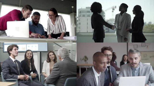 Collage of office employees communicating and using laptop. Content young processionals greeting partners at meeting. Multiscreen montage, split screen collage. Communication and business concept