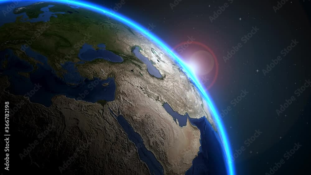 Wall mural world rotating on its axis in black universe in stars. view from space on planet earth. elements of 