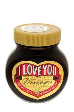 London, England - April 20, 2010: Jar of Marmite, I Love You, Special edition Valentines Day promotional jar, Marmite is made by Unilever and first launched in 1902.